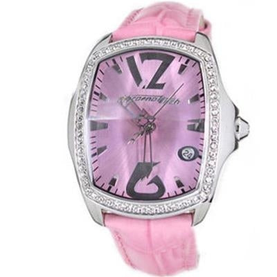 Pink-dial luxury watch with silver steel case, stone bezel, and pink leather strap for Women.