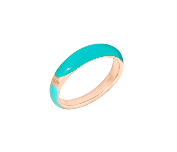 Rose gold fashion ring with turquoise enamel color-block and smooth polished finish on model hand