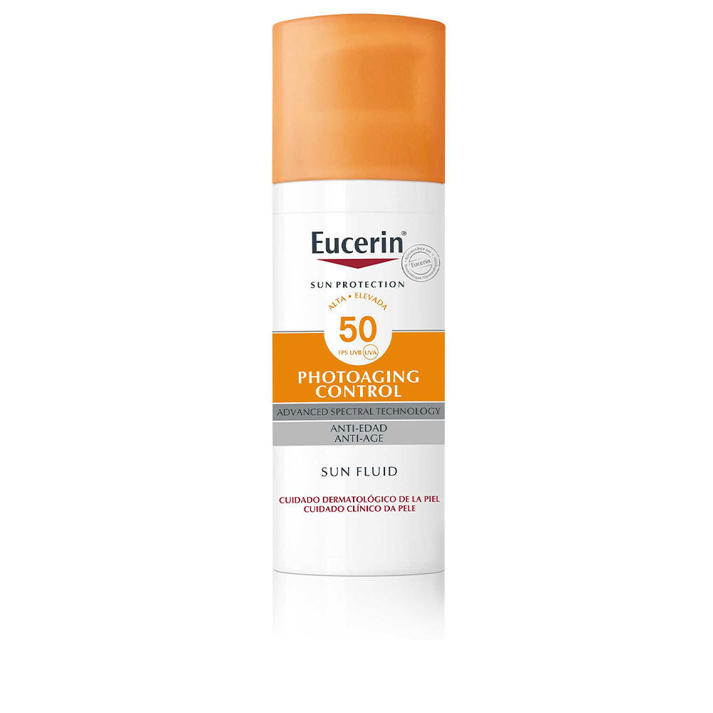 50 ml lightweight SPF50 sun fluid in matt white bottle, unisex facial protector