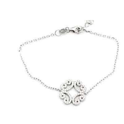 Delicate silver chain bracelet with circular stone-embedded pendant and lobster clasp, shown on wrist