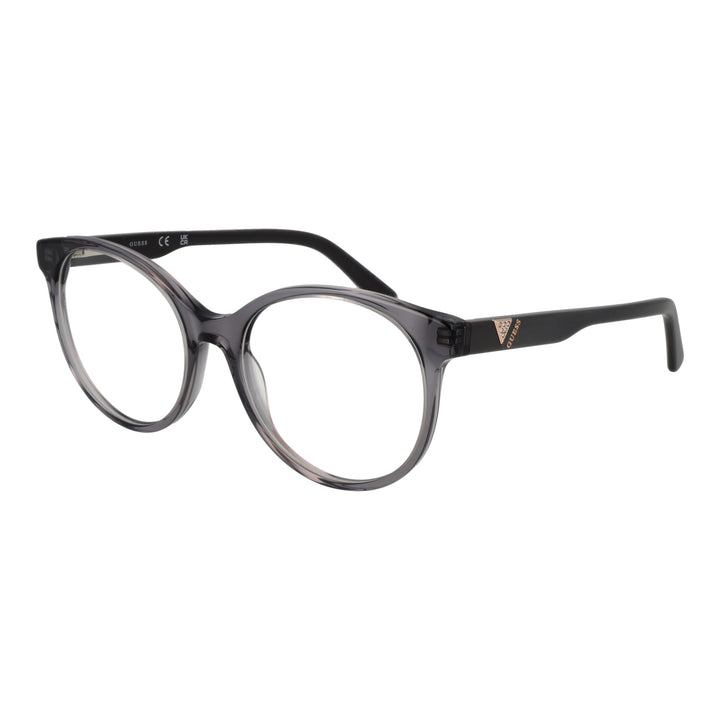 Black and transparent gray plastic round eyeglasses with logo on temples, modern women&
