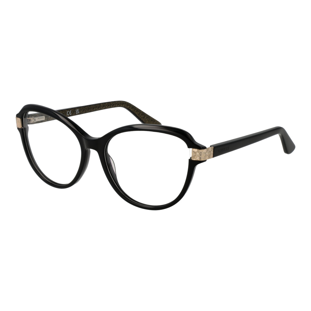 Black round eyeglasses for Women with gold hinge accents and patterned inner arms, front and three-quarter view