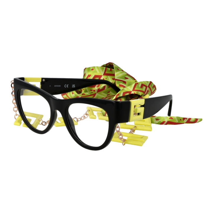 Black cat-eye eyeglasses with yellow, green, red patterned strap and attached metal chain for Women