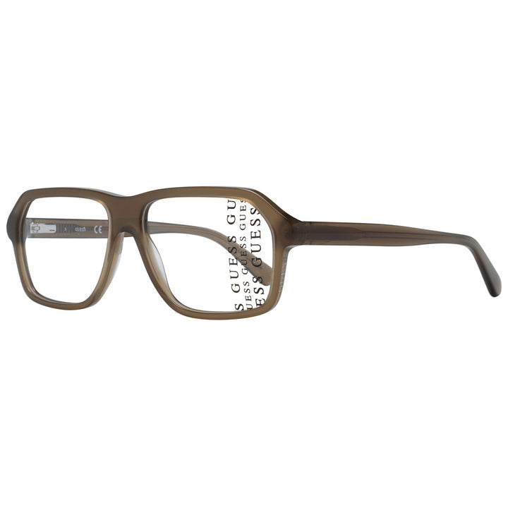 Unisex brown plastic full-rim rectangular eyeglasses on neutral background, modern clean silhouette
