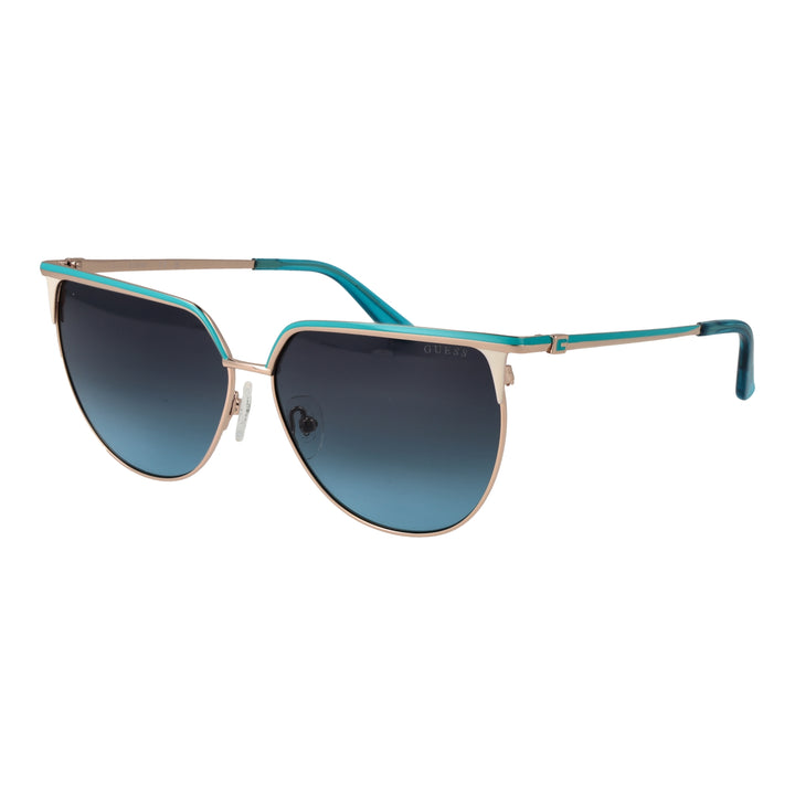 Gold metal aviator sunglasses with turquoise-blue accents and gradient lenses on white background