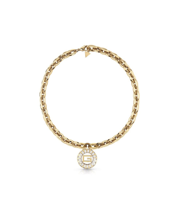 Gold chunky chain necklace with round pendant, rectangular accents, and small triangular clasp charm