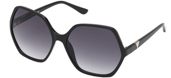 Black and red hexagonal sunglasses with gradient lenses and metal temple accents beside synthetic leather case and cleaning cloth