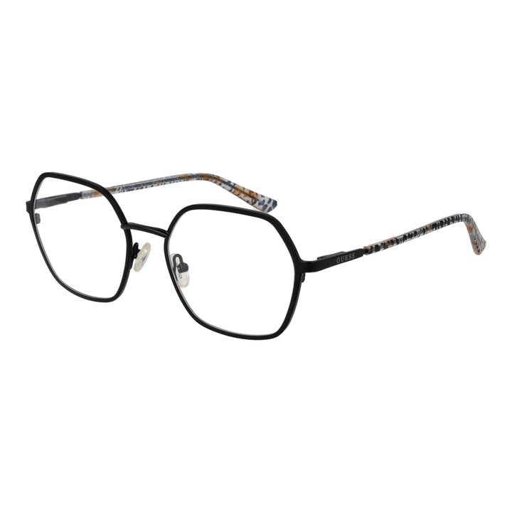 Black metal hexagonal eyeglasses with beige, black, white patterned plastic arms and adjustable nose pads