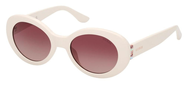 Off-white oval sunglasses with purple gradient lenses and decorative colored temples against neutral background