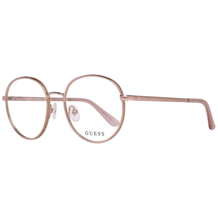 Rose gold thin metal round eyeglasses with nose pads on neutral background, classic style for Women
