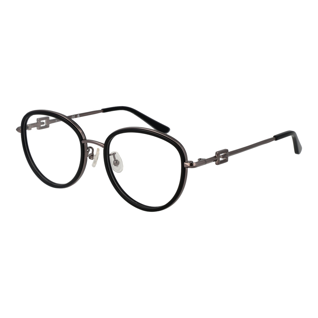 Unisex black and silver metal round eyeglasses with thin temples and decorative hinge on white background