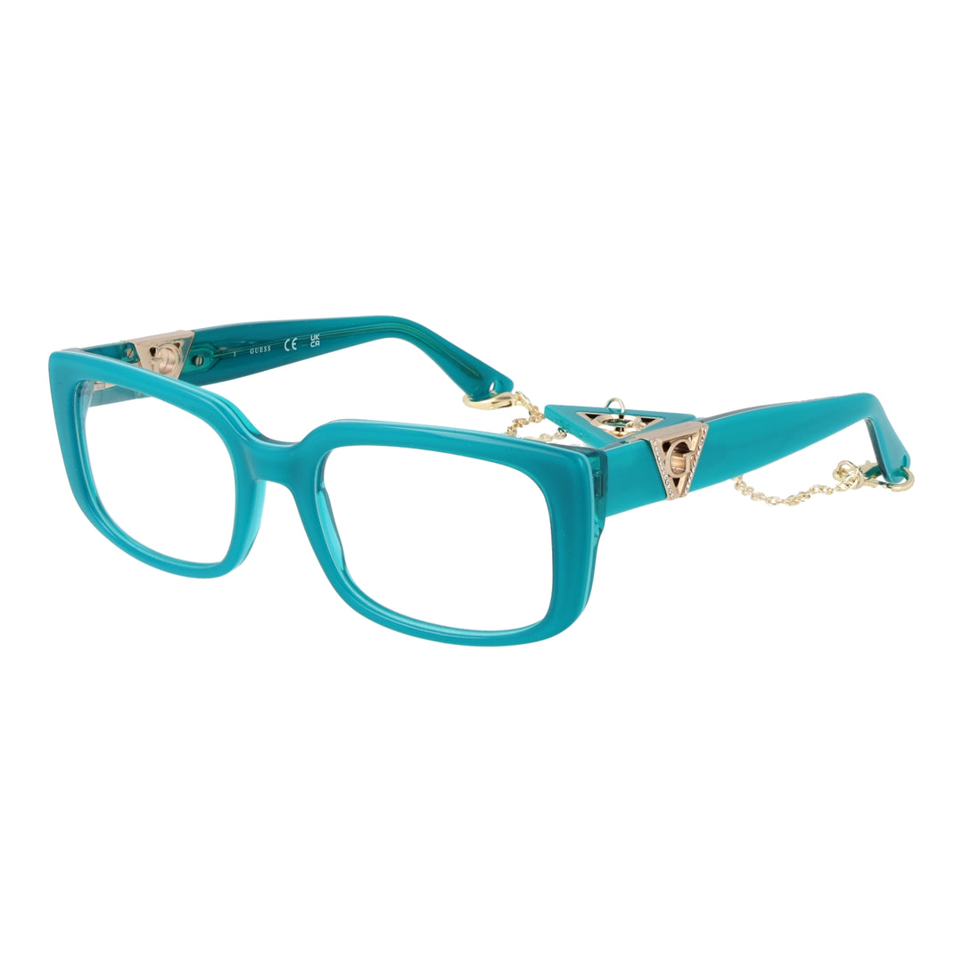 Teal square eyeglasses for Women with gold triangular logo accents and delicate gold chain detail
