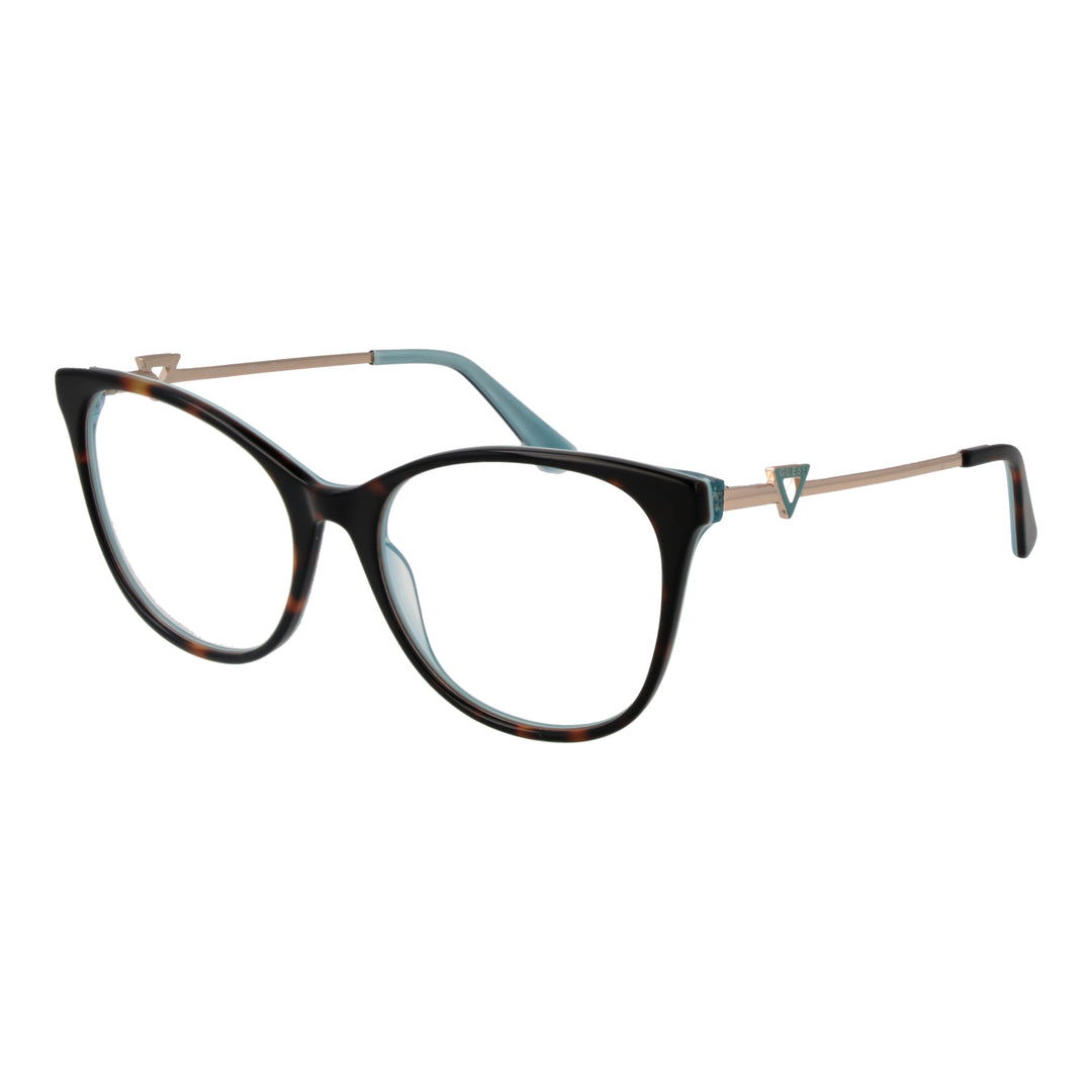 Tortoise shell cat-eye eyeglasses for Women with light-blue accents and slim gold metal temples, logo detail