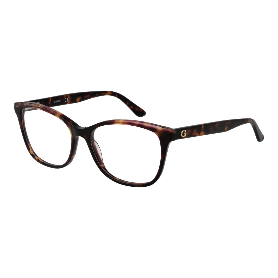 Tortoise shell rectangular full-rim eyeglasses with gold 'G' logo on temple, brown amber black pattern