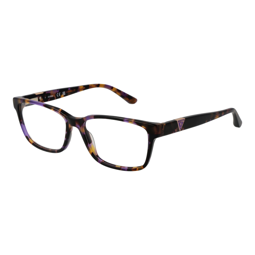 Tortoise shell rectangular eyeglasses for Women with purple and yellow accents and logo temple