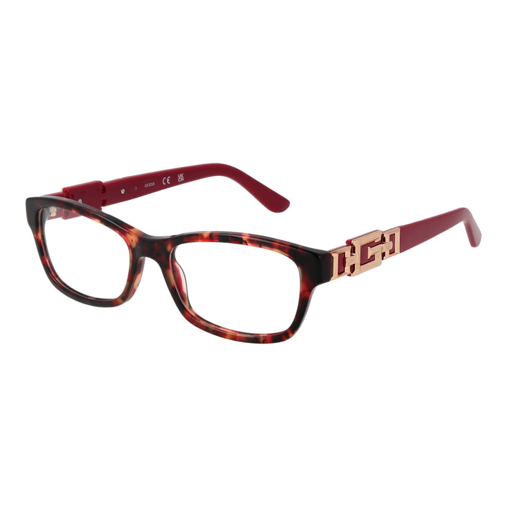 Tortoise shell rectangular eyeglasses for Women with red temples and gold decorative temple detail