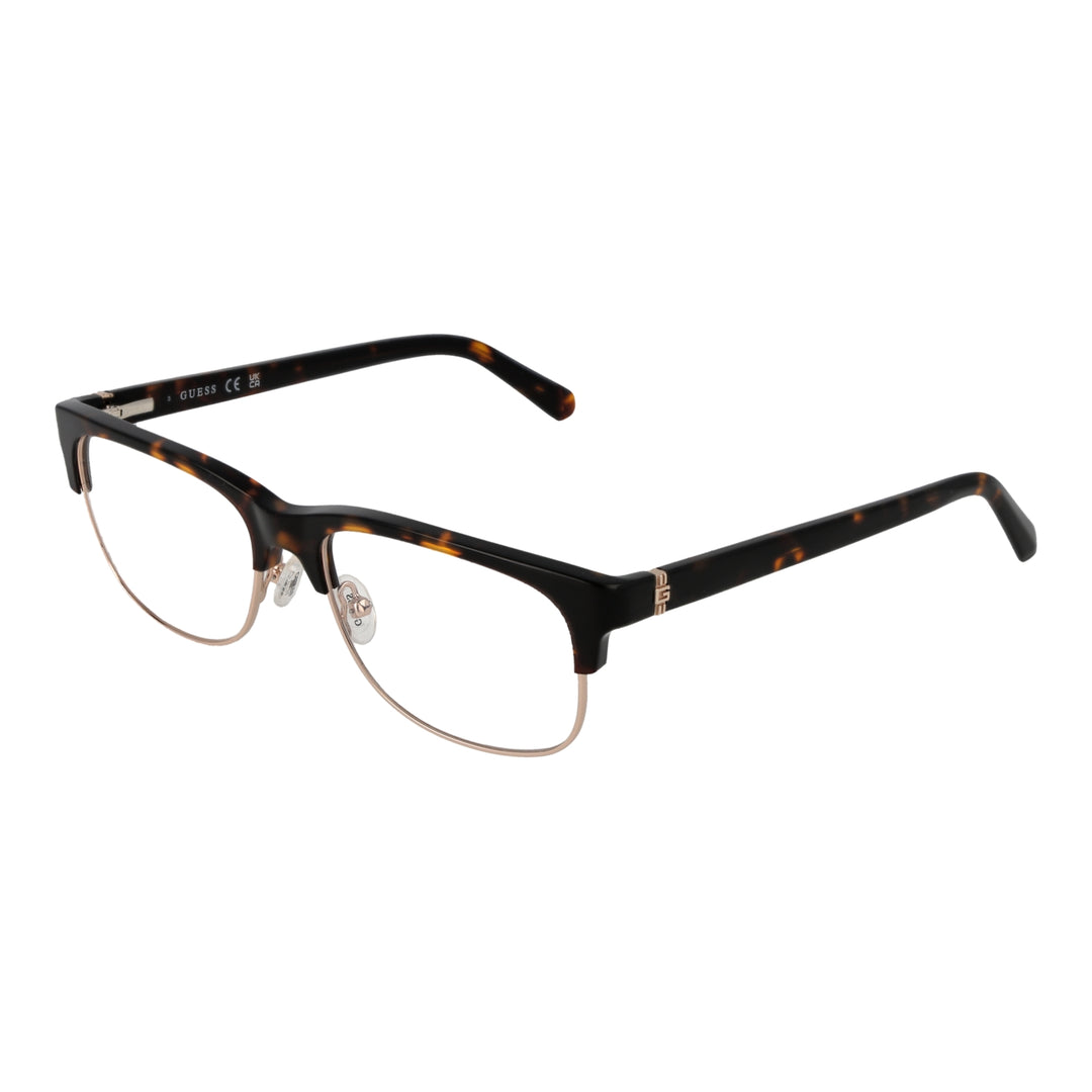 Unisex tortoise-pattern semi-rimless eyeglasses with gold metal temples and rectangular lenses on white background