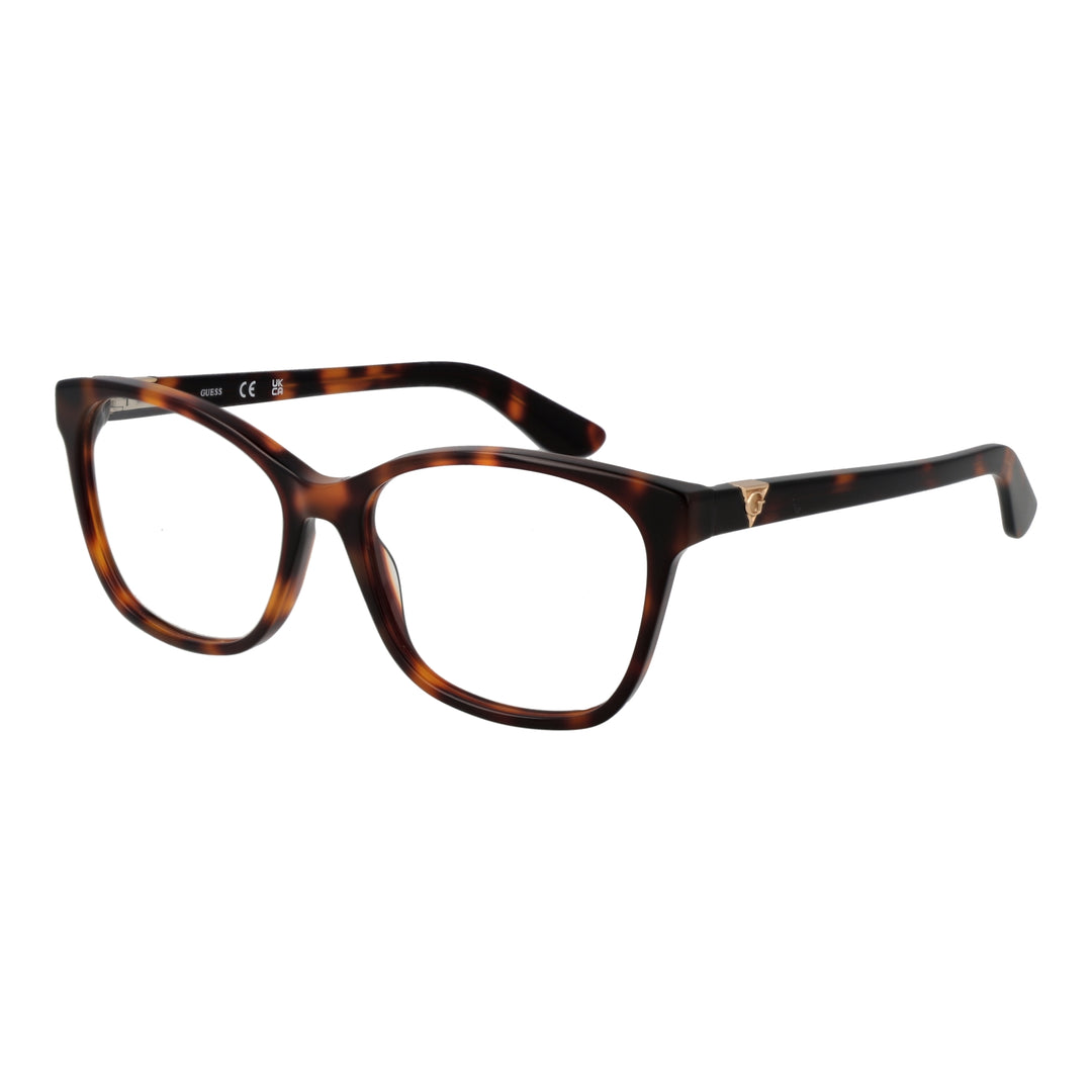 Tortoise brown plastic square eyeglasses for Women with clear lenses and gold temple logo detail