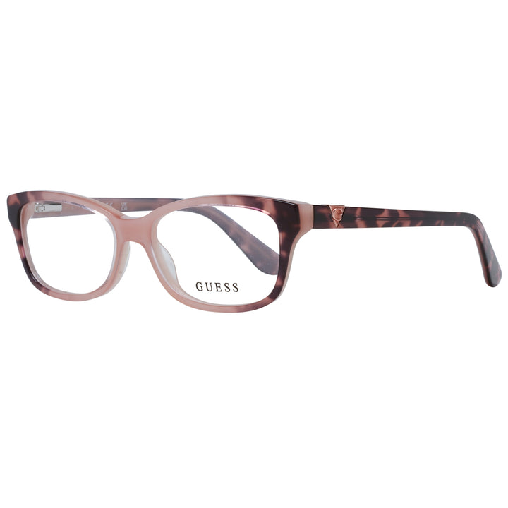 Pink and tortoiseshell full-rim rectangular eyeglasses with logo temples on neutral background