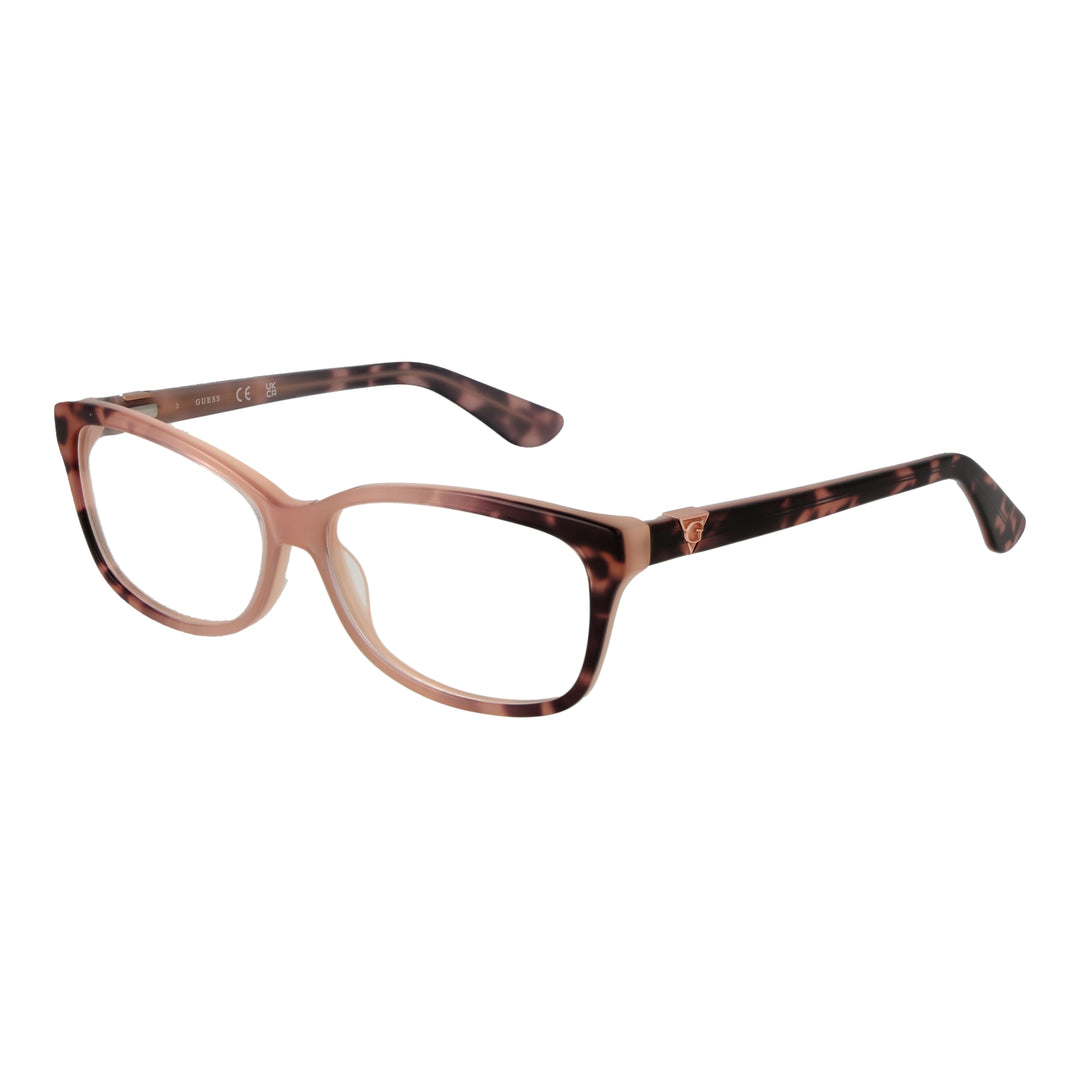 Brown and pink tortoiseshell rectangular eyeglasses in glossy plastic with metal logo on temples