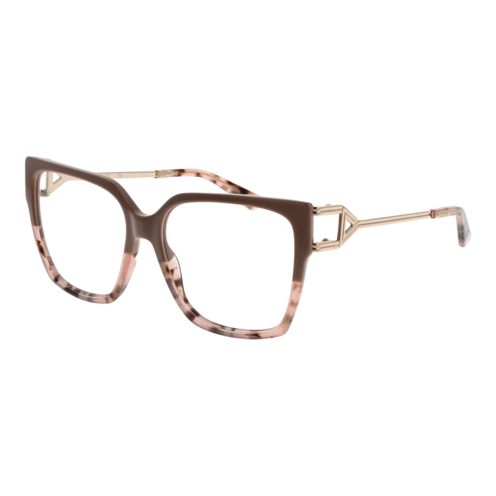 Brown tortoiseshell square eyeglasses with slim metal temples and triangular metal detail, angled view on white