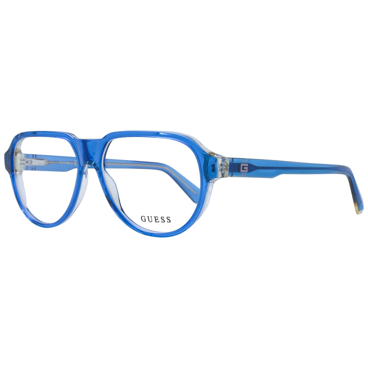Unisex transparent blue plastic rectangular eyeglasses with logo on lens and temple, modern minimal design