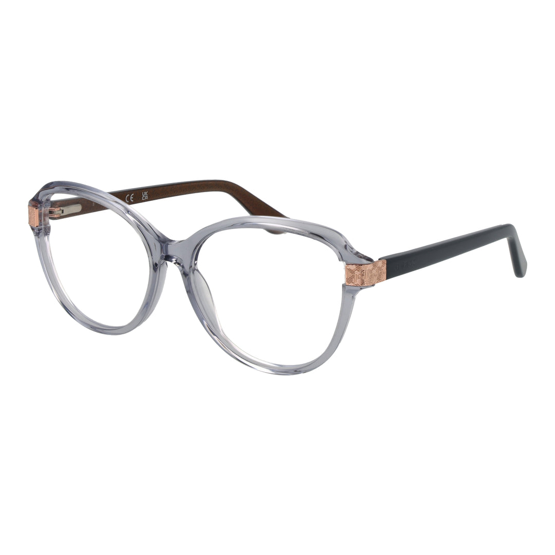 Transparent gray round eyeglasses with black temples and rose gold hinge accents, modern plastic frame