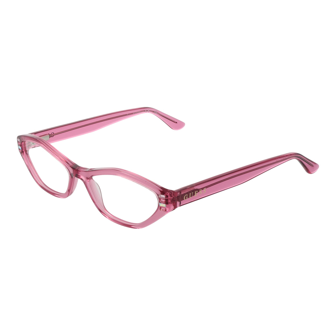 Transparent pink cat-eye eyeglasses in plastic with decorative side accents on neutral background