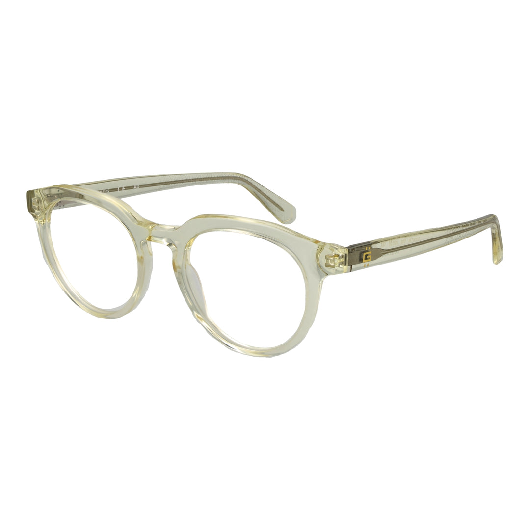 Unisex transparent yellow round eyeglasses in clear plastic frame showing round lenses and metal hinges on temples