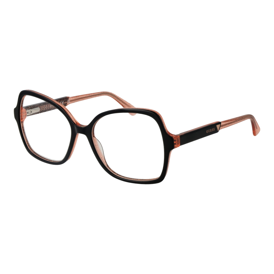 Black and translucent pink two-tone square eyeglasses, plastic frame, logo on temple, modern styling for Women