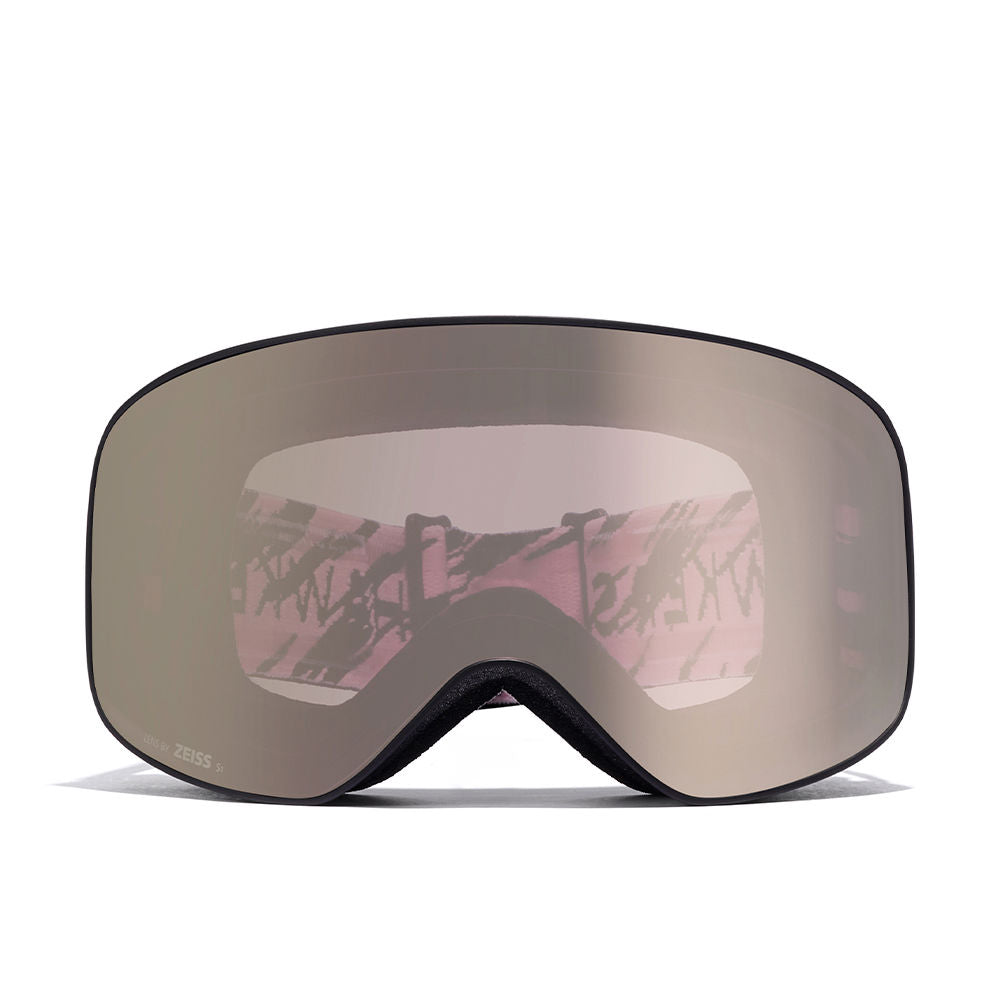 Matte black cylindrical snow goggles with pink-striped strap and two ZEISS lenses