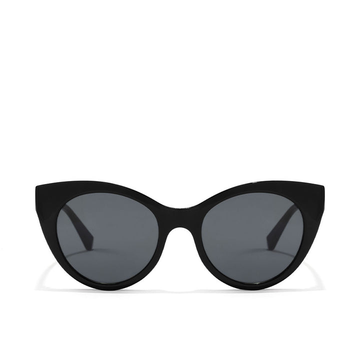 Glossy black cat‑eye sunglasses with rose‑gold polarised lenses, TR90 frame, microfibre pouch