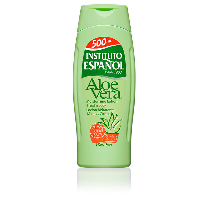 Tube of Instituto Español Aloe Vera moisturizing lotion on neutral background