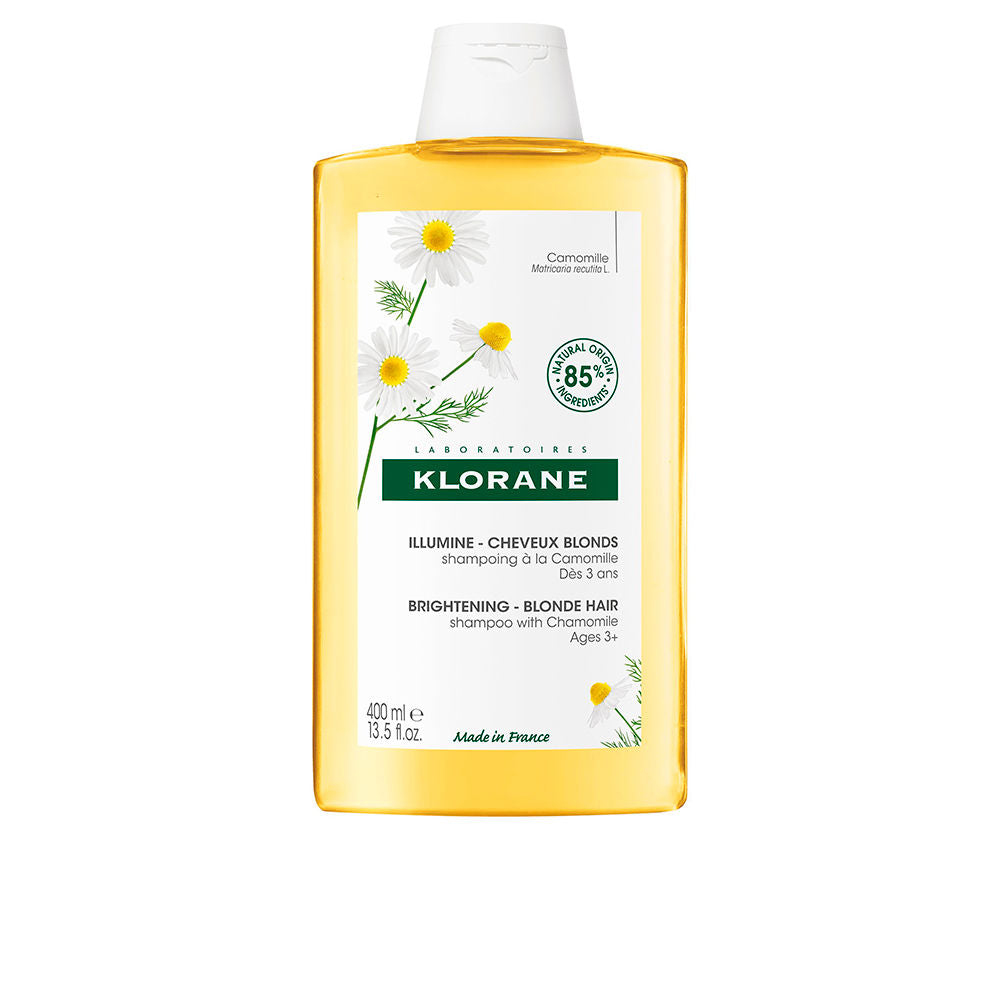 400 ml bottle of chamomile illuminating shampoo, light‑gold label, for blond and light brown hair