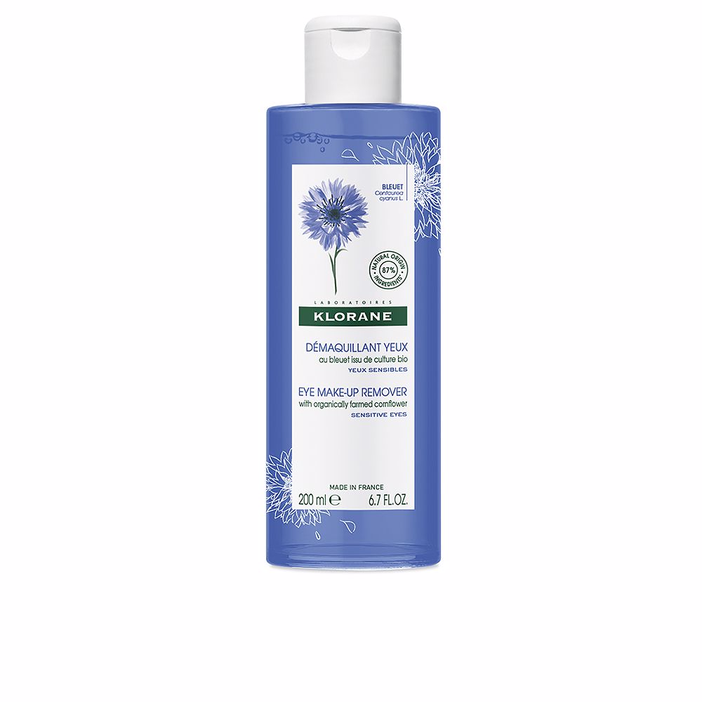 Clear 100 ml bottle of organic cornflower eye makeup remover, gentle formula