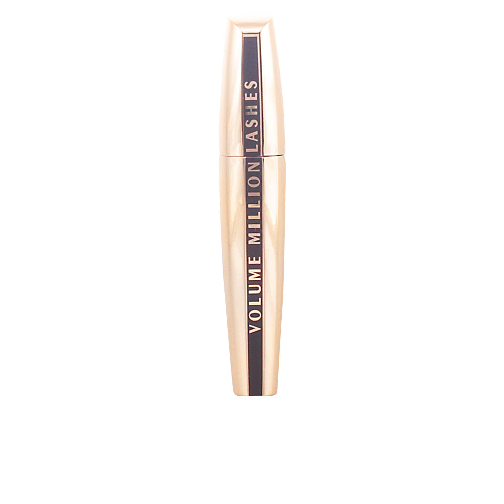 L'Oréal Paris Gold plastic mascara tube with tapered shape and vertical black stripe, sleek modern wand visible