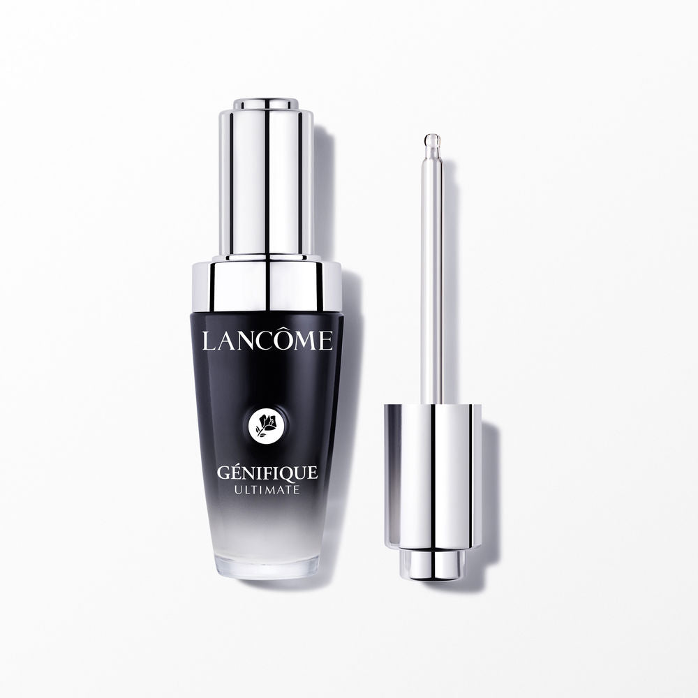 Lancôme Sleek glass serum bottle with metal dropper, black-to-silver gradient and white label