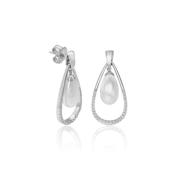 Close-up of silver teardrop stud earrings featuring a white cultured pearl and small embedded stones