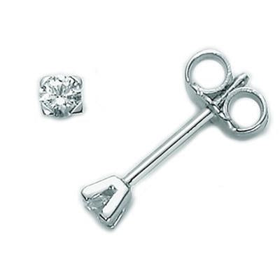 Pair of white metal stud earrings each with a single round-cut diamond and butterfly back