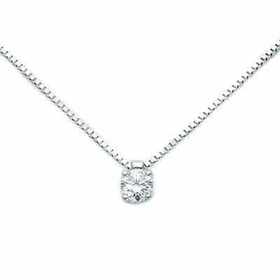 White gold box chain pendant necklace with single round brilliant diamond on white background, minimalist styling