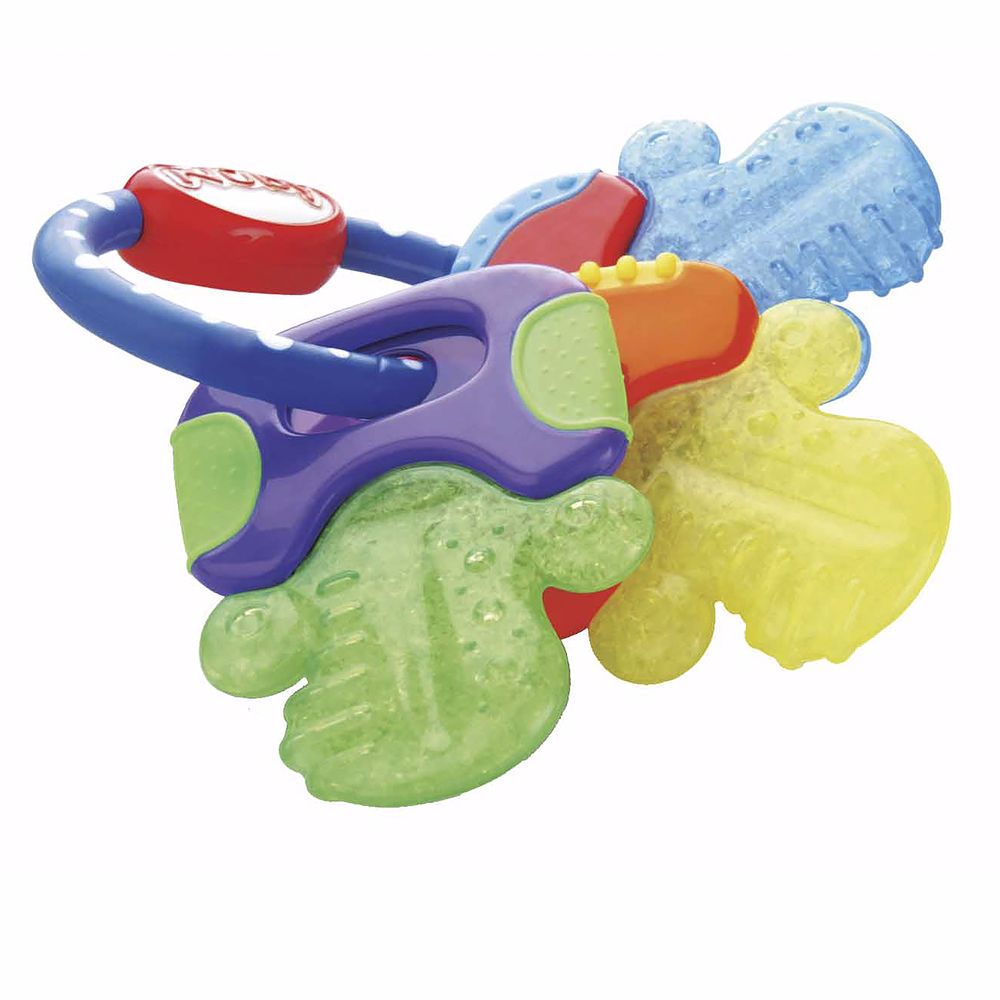 Unisex pink three-key silicone teether with textured keys and circular handle