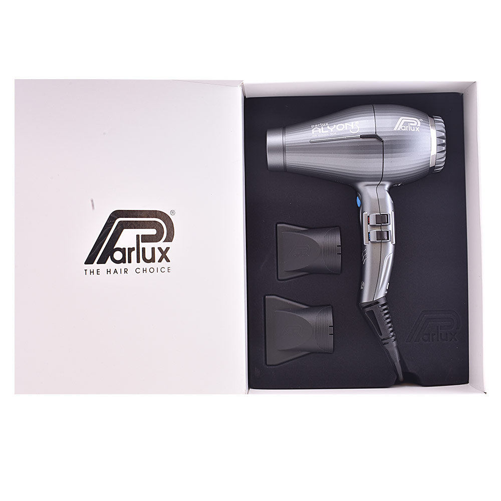 Matte black professional hair dryer with two nozzles and ergonomic handle, 3 m cable