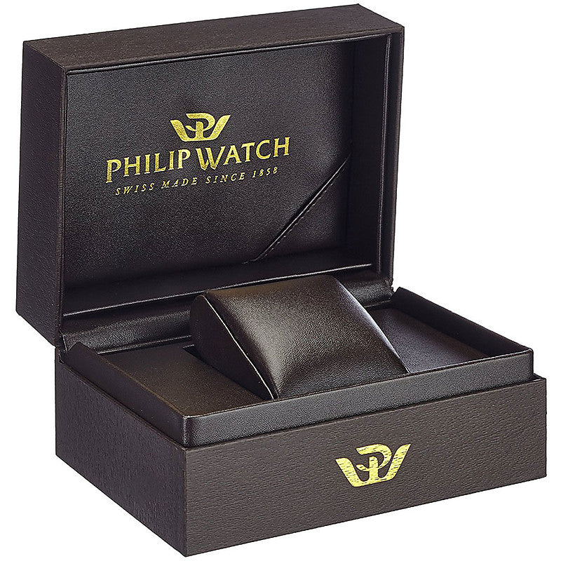 Silver and black stainless steel wrist watch on metal bracelet, classic analog dial and date window.