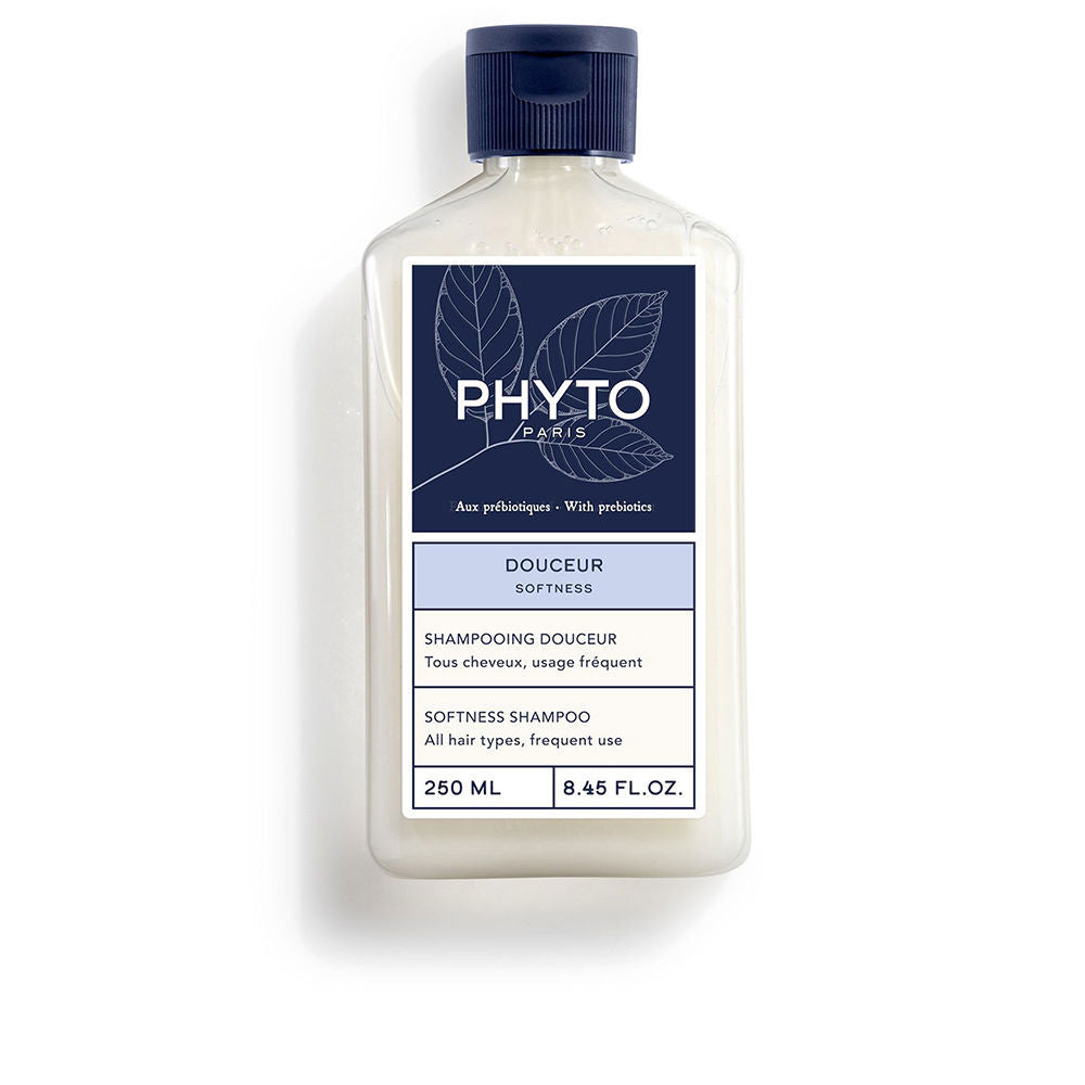 Bottle of Phyto Suavidad gentle shampoo for children and family, oat milk and white mallow benefits