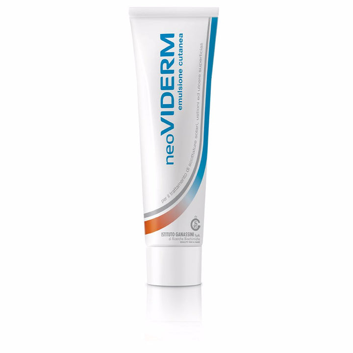 Rilastil White emulsion cream tube with blue, orange, gray accents, plastic screw-cap tube, minimalist clinical styling