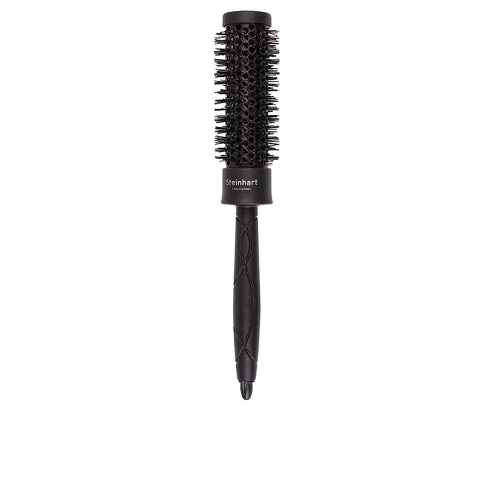 Black round ionic hairbrush with ceramic barrel and heat-resistant bristles