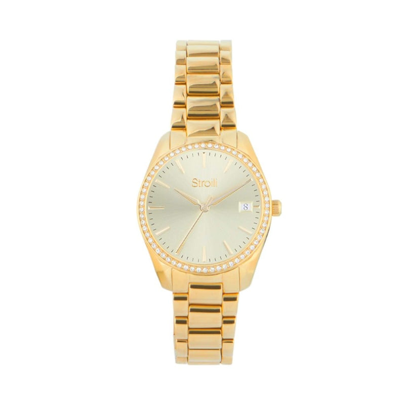 Stroili Gold Dress Watch: women's dress watch with crystal-set bezel and date display on gold-tone bracelet