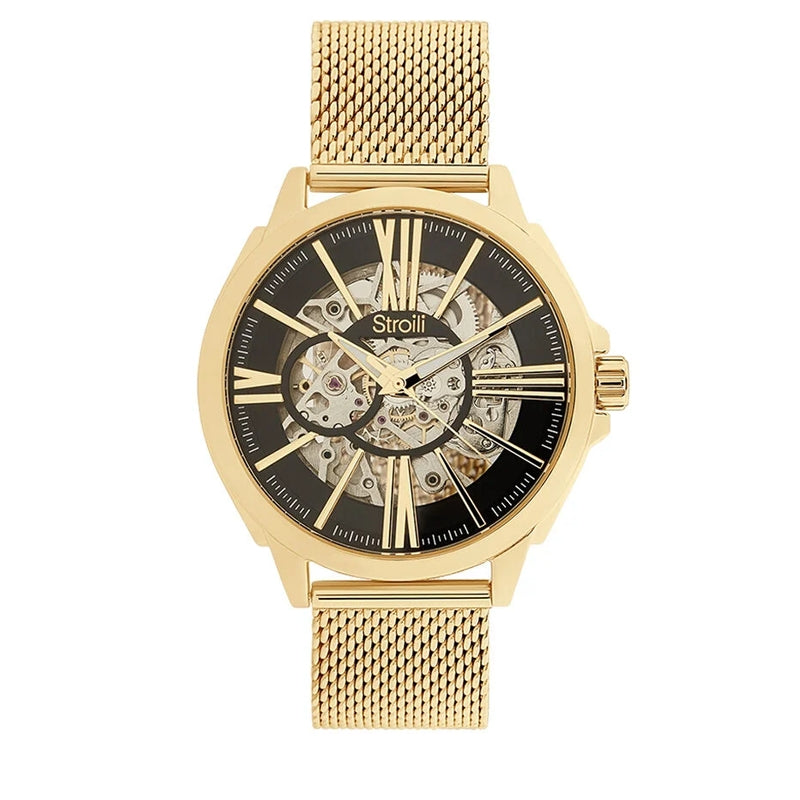 Stroili Gold Metal Skeleton Watch: Gold and black metal skeleton watch showing exposed movement and metal bracelet