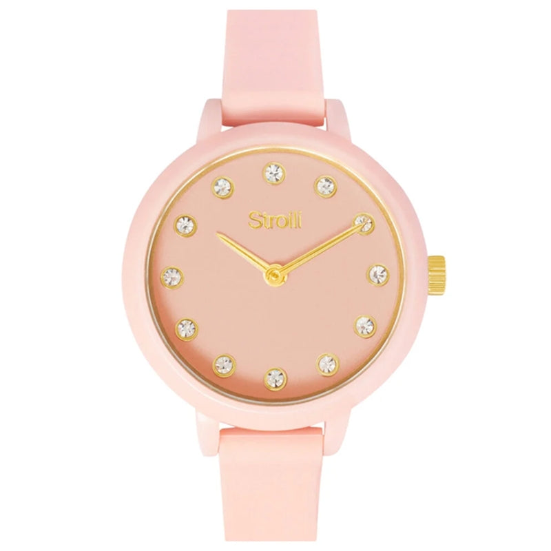 Stroili Pink Silicone Dress Watch: minimalist wristwatch on silicone strap with round dial and gold-tone hands and crystal