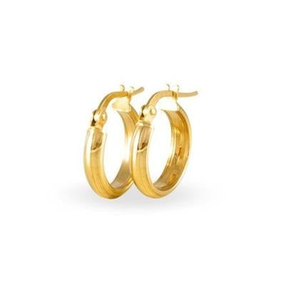 Pair of polished gold hoop earrings with hinged clasps and smooth reflective surfaces, shown on neutral background